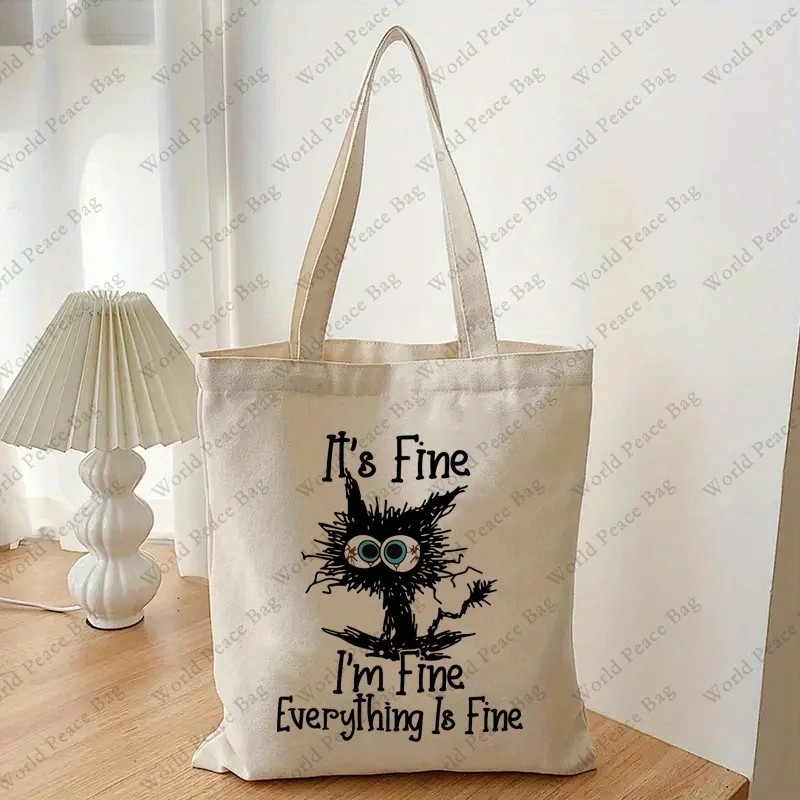 Im Fine Everything is fine Cartoon Funny Cat Tote Bag, Lightweight Canvas Shoulder Bag, Versatile Handbag reusable shopping bag