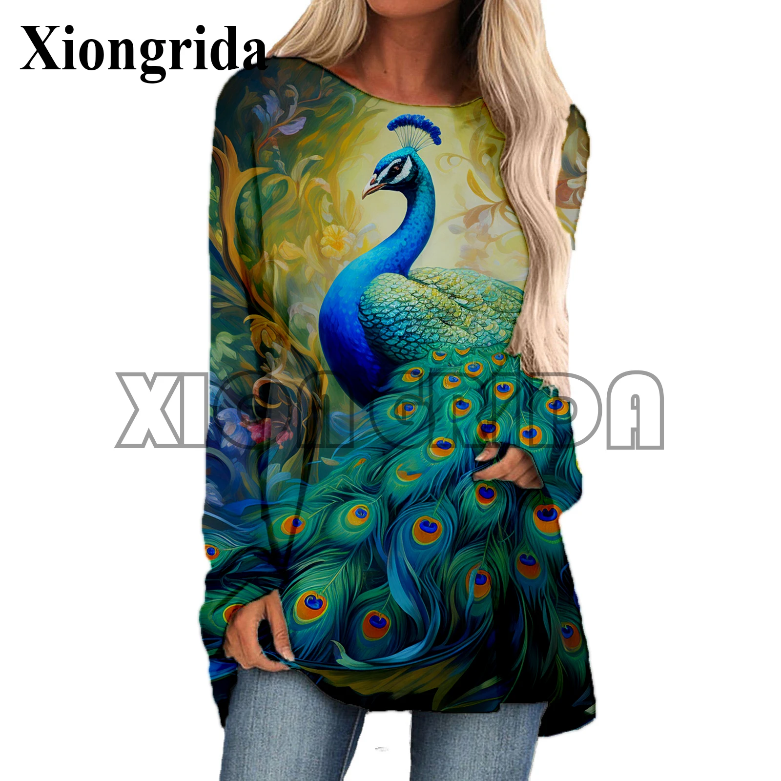 Women's Peacock Feather Printed Tshirt Crew Neck Long Sleeve T shirts Summer 3D Floral Print Long Tees Loose Oversized Tops