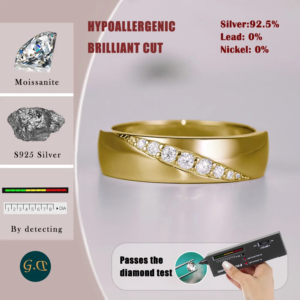 Moissanite Ring 925 Sterling Silver 18K Gold Plated Wide Band Channel Setting Rings Woman Men Wedding Engagement Gift