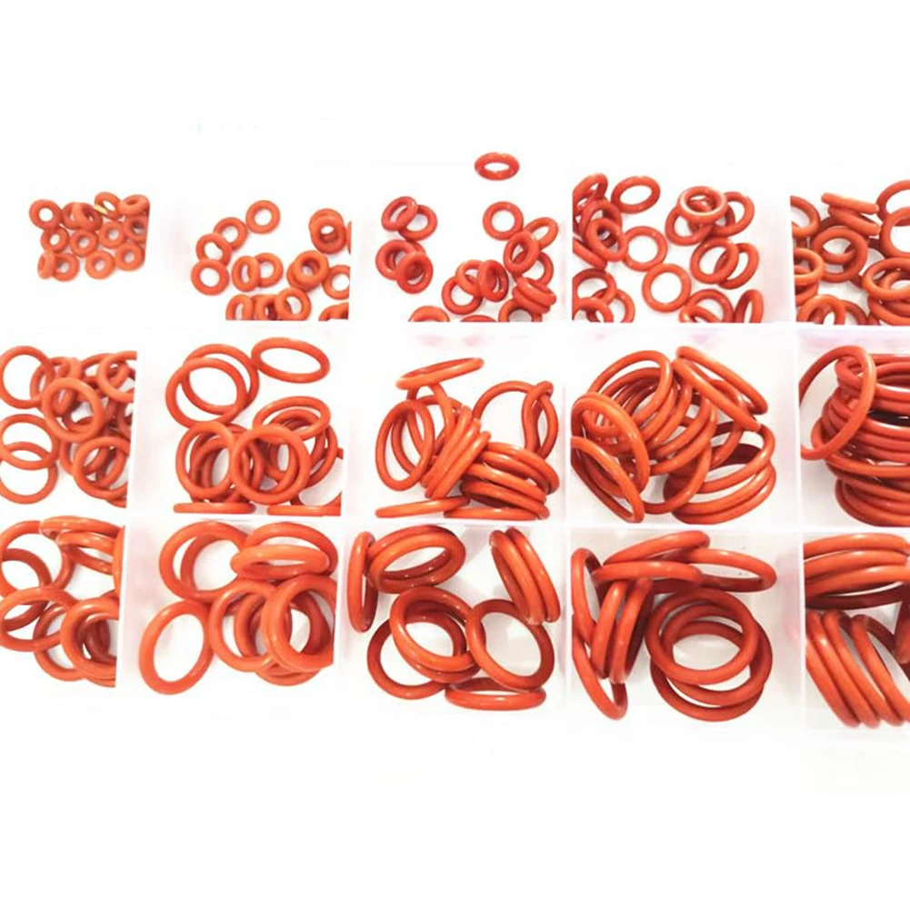 225pcs O-Ring Rubber Silicone Seal Kit Waterproof Red Gasket Assortment Set High Temperature Resistant For Plumbing Car Repair