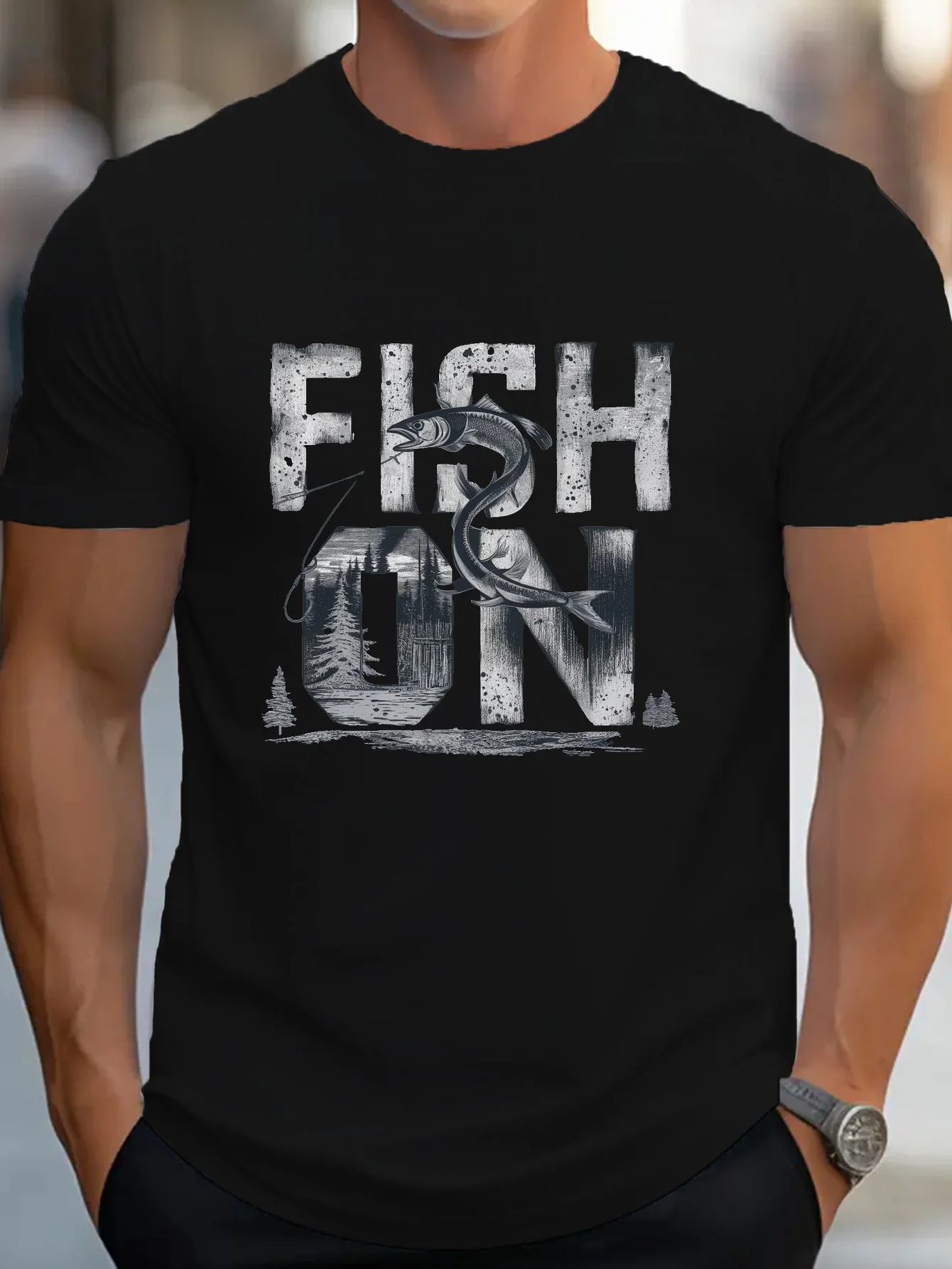 

Fish Graphic Print Cotton T-Shirt, Men'S Casual Short Sleeve Summer T-Shirt 180g