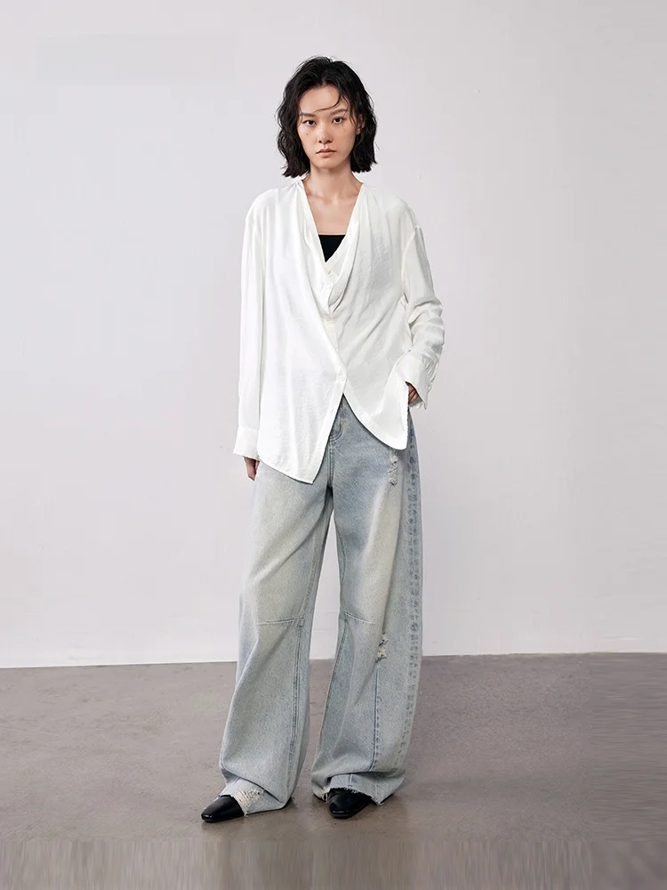 

XMOOM2025 Autumn New Loose Fit Long Sve Women's irt Micro Crease Mixed Fabric V-Ne Breathable Commute Sle Pure Color