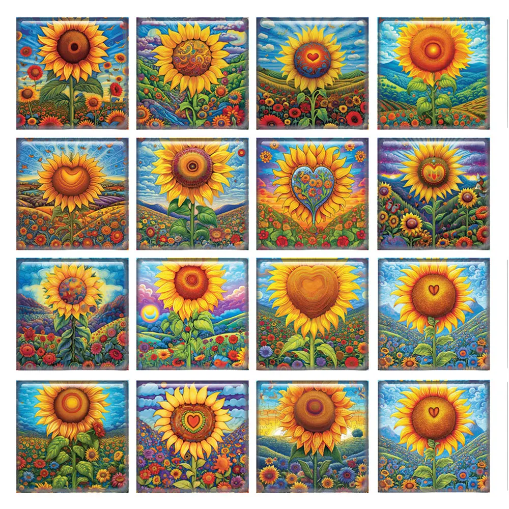 

10pcs/lots Oil Painting Heart Sunflower Square Photo Glass Cabochon Flatback Demo Flat Back Cameo For Diy Jewelry Making