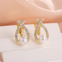 Fashion Pearl Rhinestone Clip on Earrings for Women Girls Korean Style Elegant Jewelry Ear Rings Fishtail Lady Earrings Gift
