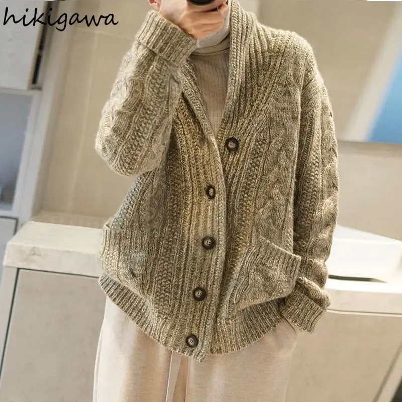 

Korean Sueter Mujer Knitwear Cardigan Jackets Solid Color Fashion Thicked Knit Oversized Sweater Tops Vintage Casual Pull Femme
