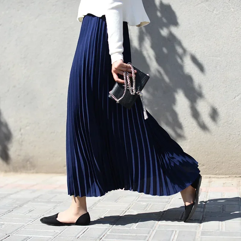 

Summer Women Long Pleated Skirt Korean Oversize High Waist Elastic Female Office Wear Elegant Blue Teenager Shcool Skirt
