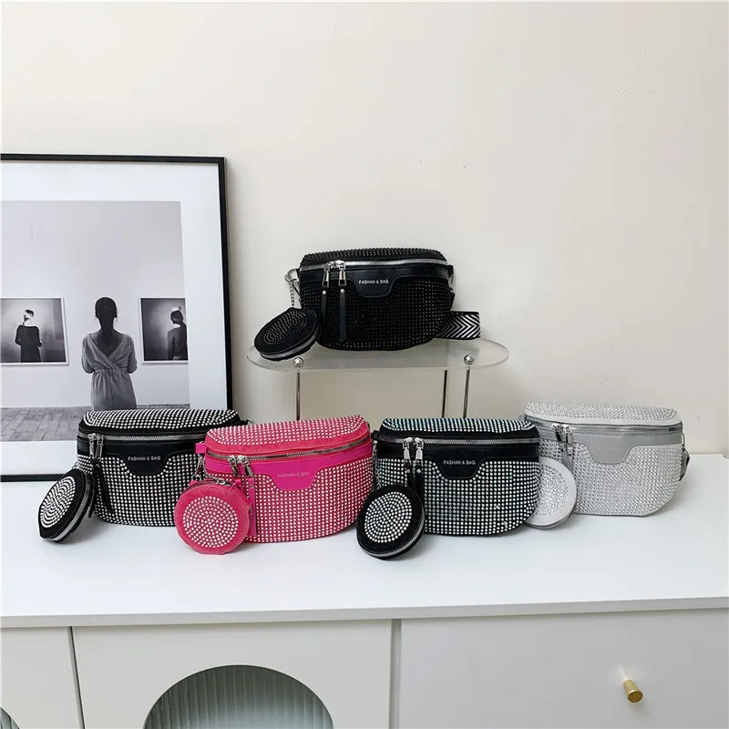 Shoulder Crossbody Chest Bags Casual Summer Waist Bag Waist pack Rhinestone Luxury Leather Fanny pack Two- piece Belt Bag Clutch