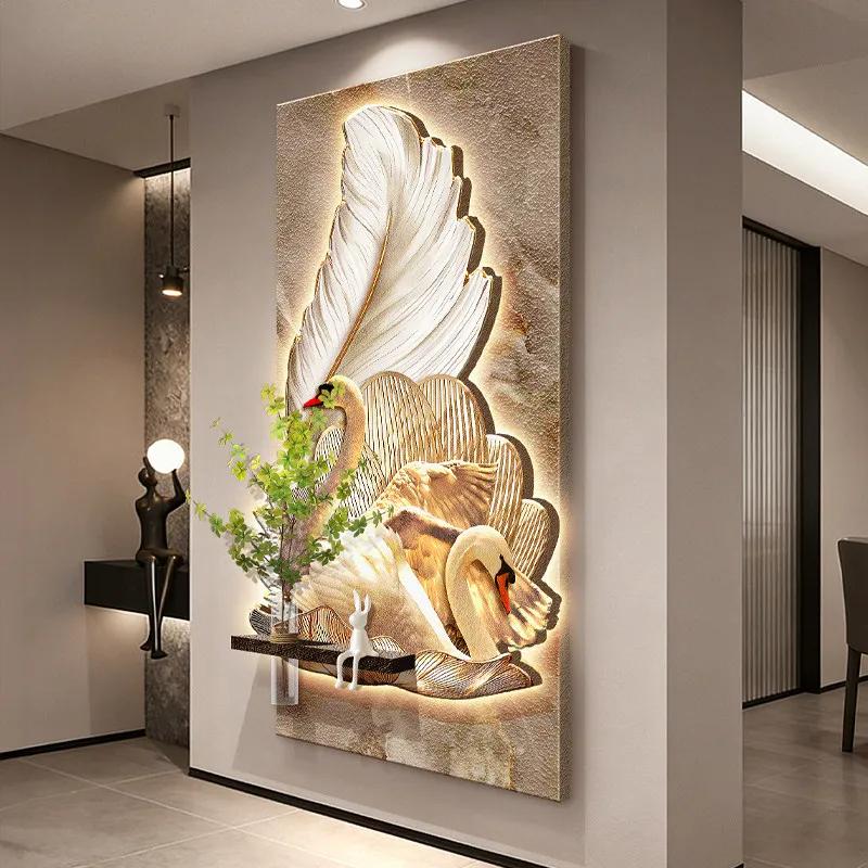 Swan decoration painting, hydroponic green plant mural with light, feather entrance door, sandstone hanging painting