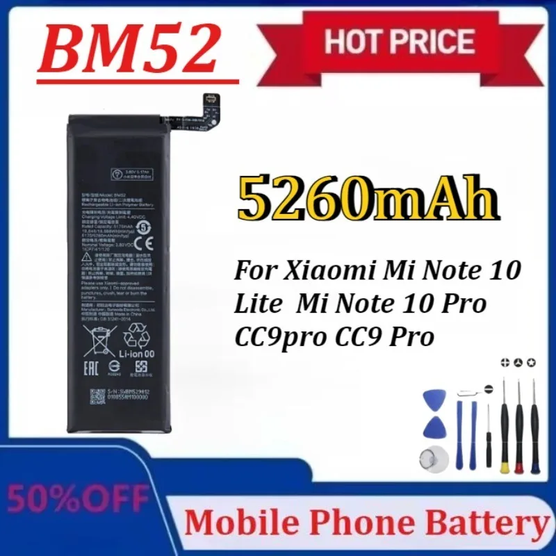 

Upgraded BM52 5260mAh Battery for Xiaomi Mi Note 10 Lite / Mi Note 10 Pro / CC9pro CC9 Pro Phone Batteries+Tools