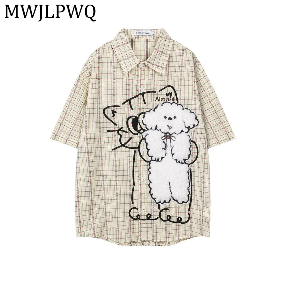 

MWJLPWQ Flocked Embroidered Plaid Short-Sleeve Shirt Casual Men's Hip-Hop Trendy Niche Loose Tops For Spring Summer 14390