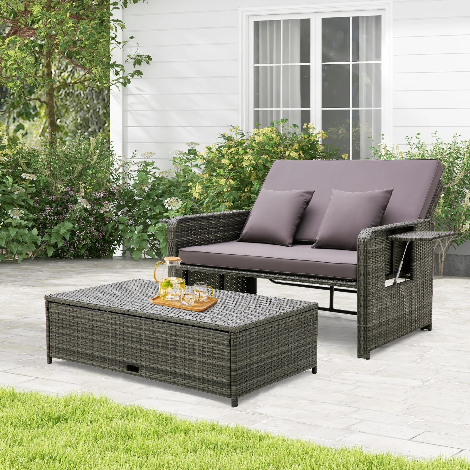 Patio Rattan Daybed Set Wicker Loveseat Sofa with Ottoman & Retractable Side Tray