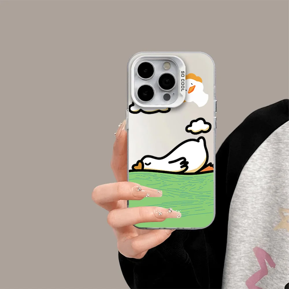 Fashion Cartoon Niche Cute Lay Flat Goose Phone Case For IPhone 12 11 13 14 15 16 Max Pro Plus Laser Cover