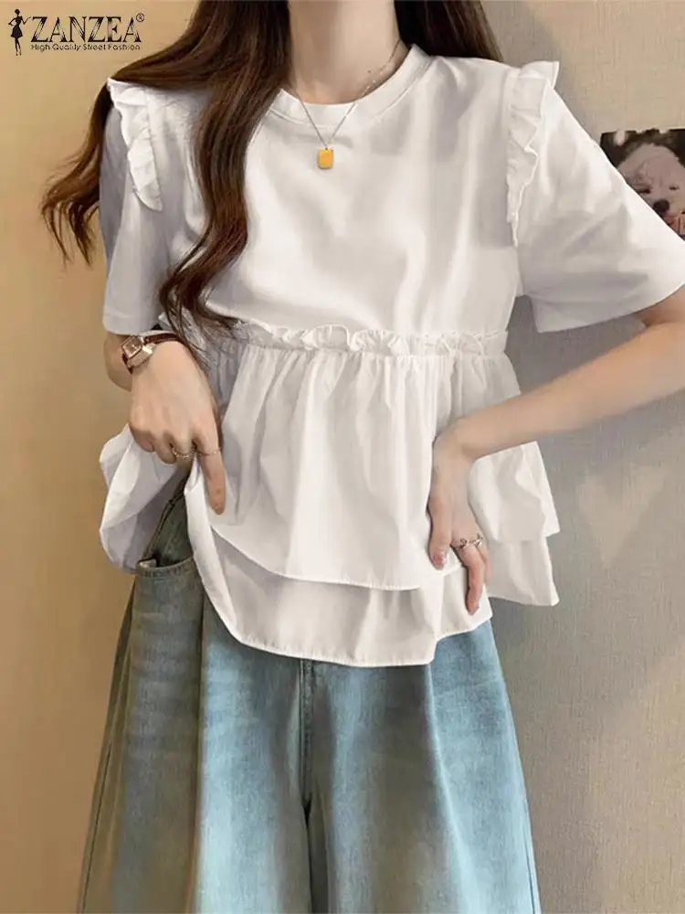 

ZANZEA Korean Patchwork Tunic Casual Loose Solid Women Blouse Summer Sweety Ruffle Short Sleeve Tops 2024 Fashion Lady Blusas