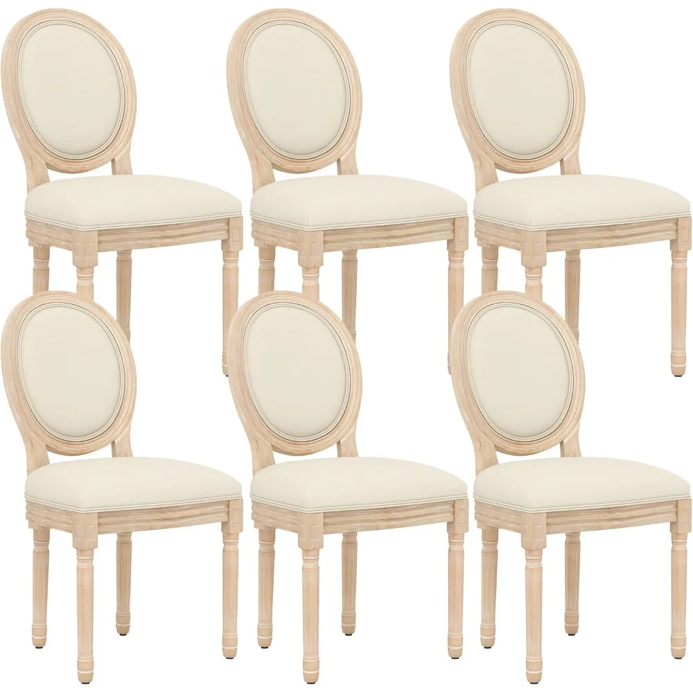 Dining Chairs Set of 6, Upholstered Vintage Farmhouse Chair with Round Backrest, Mid Century Fabric Chairs