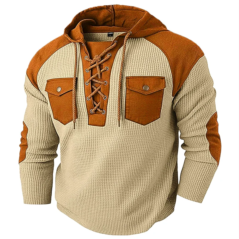 

Мужская толстовка с капюшоном на осень-зиму: модная, повседневная, с карманами на шнурке, в стиле пэчворк, ретро, спортивная, пуловер