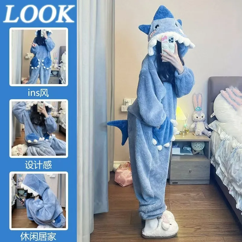 

Blue Shark One-piece Pajamas Anime Cosplay Costumes Winter Coral Fleece Warm Hooded Nightgown Full Zipper Thick Onesies
