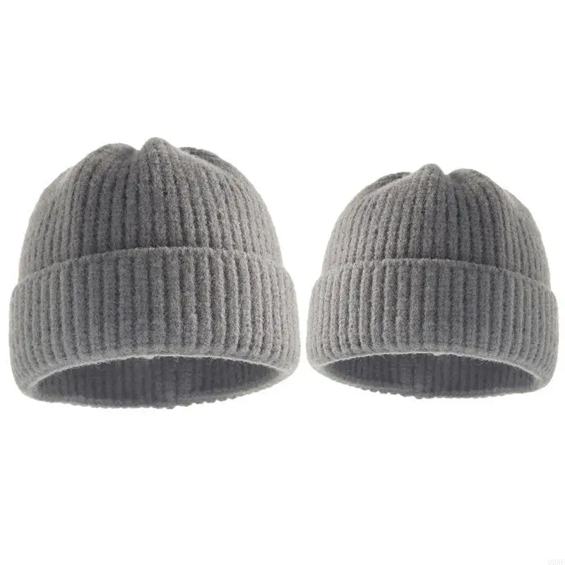

95AE Baby Hat Solid Color Warm Hood Leather Knitted Hat Parent-child Caps Unisex Baby Cap Winter Windproof Earprotection