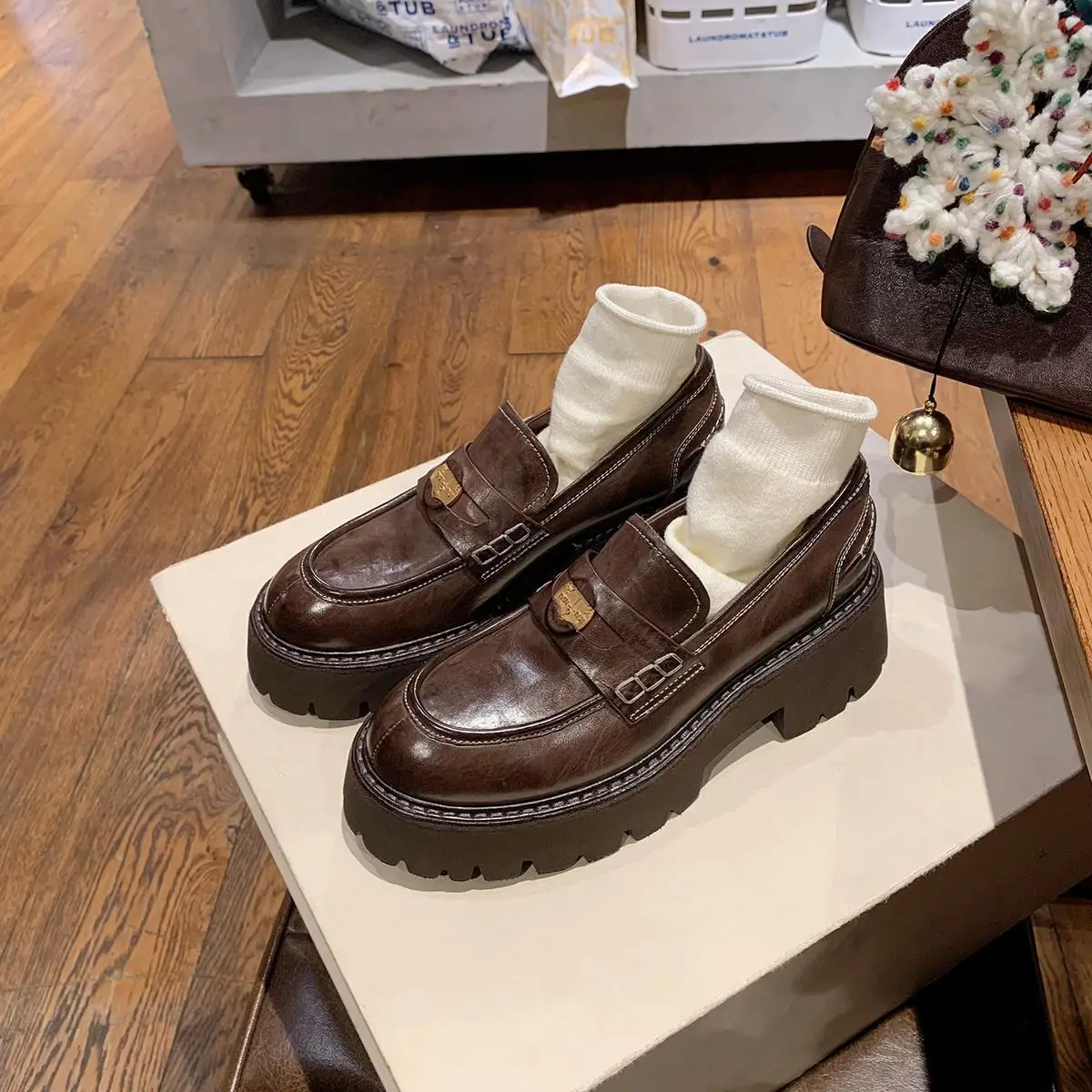 

Мокасины из натуральной кожи на толстой подошве в стиле Британской академии, кожаные туфли ленивого ретро на толстом каблуке