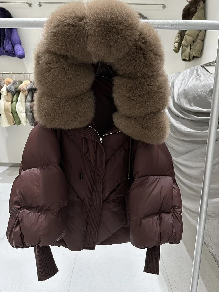 Abrigo de plumón de pato blanco de piel grande para mujer, chaqueta acolchada con capucha de piel auténtica, Parka gruesa y cálida de manga de punto, novedad de invierno de 2026
