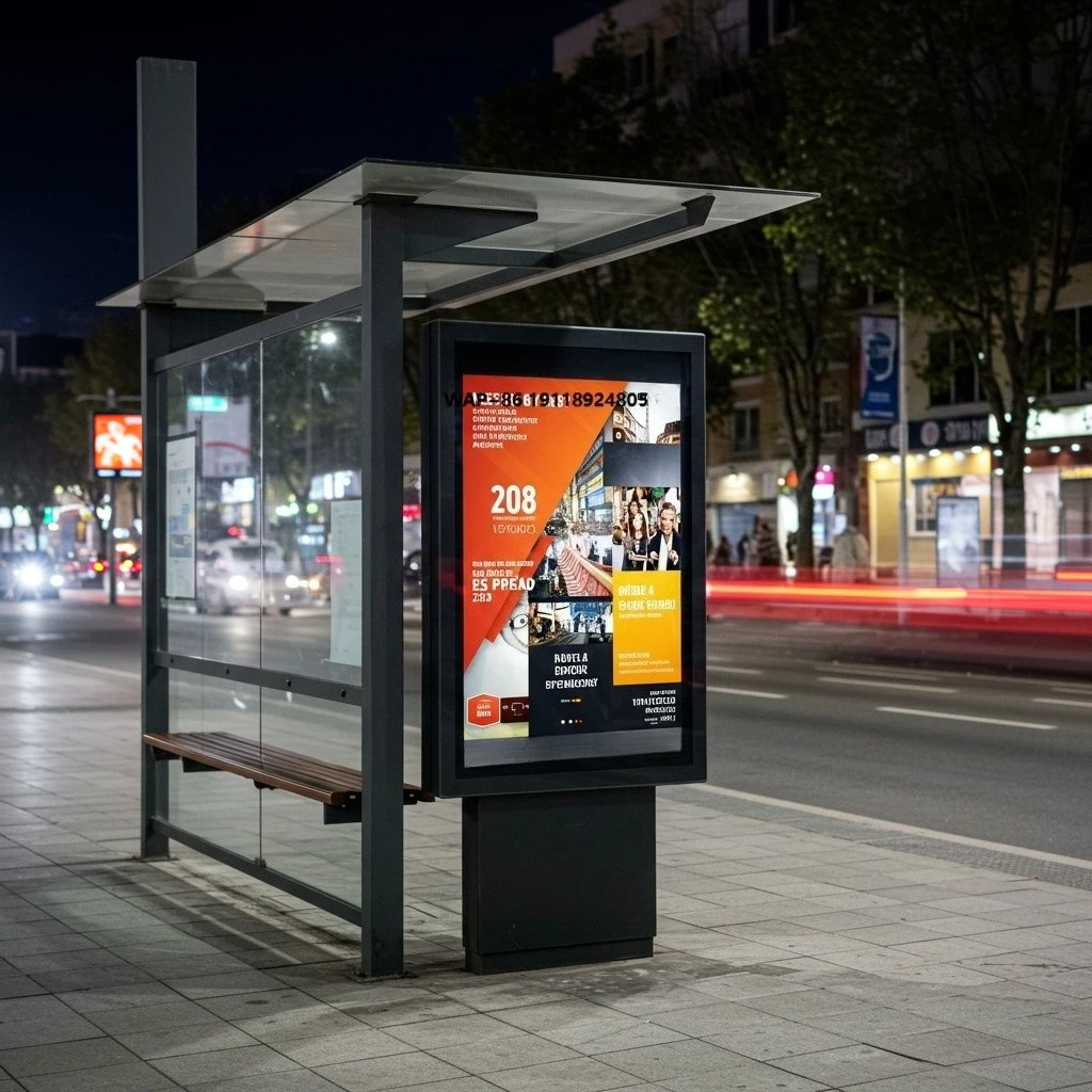 Bus Stop Shelter Display Advertising Poster Intelligent Screen Digital Signage Smart City Public Transportation System Kiosk