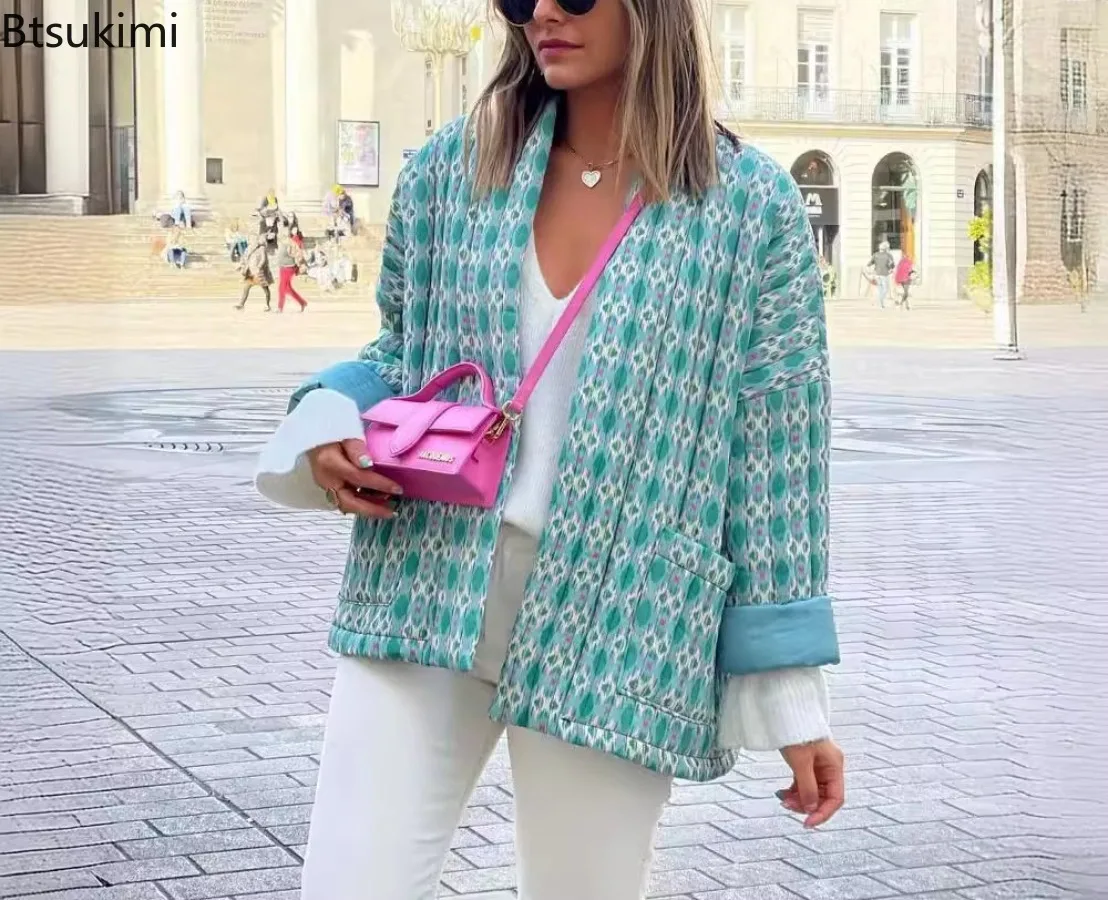 Print Quilted Coats for Women 2026 Autumn Winter Long Sleeve Cardigan Cotton Jacket Outerwear Ladies with Pockets Jackets Coat