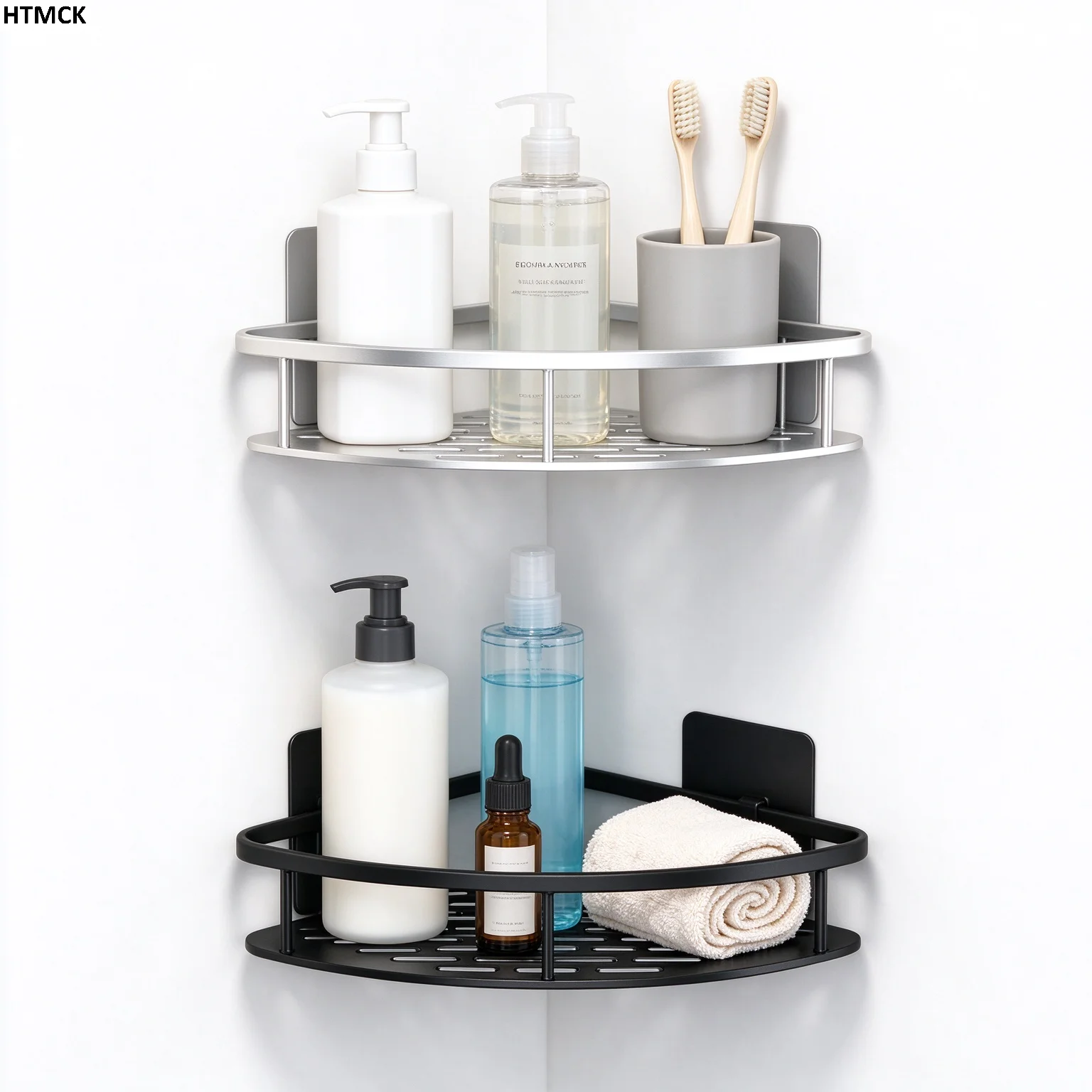 HTMCK No Drill Bathroom Corner Rack, Wall Mount Triangle Shower Shelf, Waterproof Shampoo Holder Bathroom Organizer