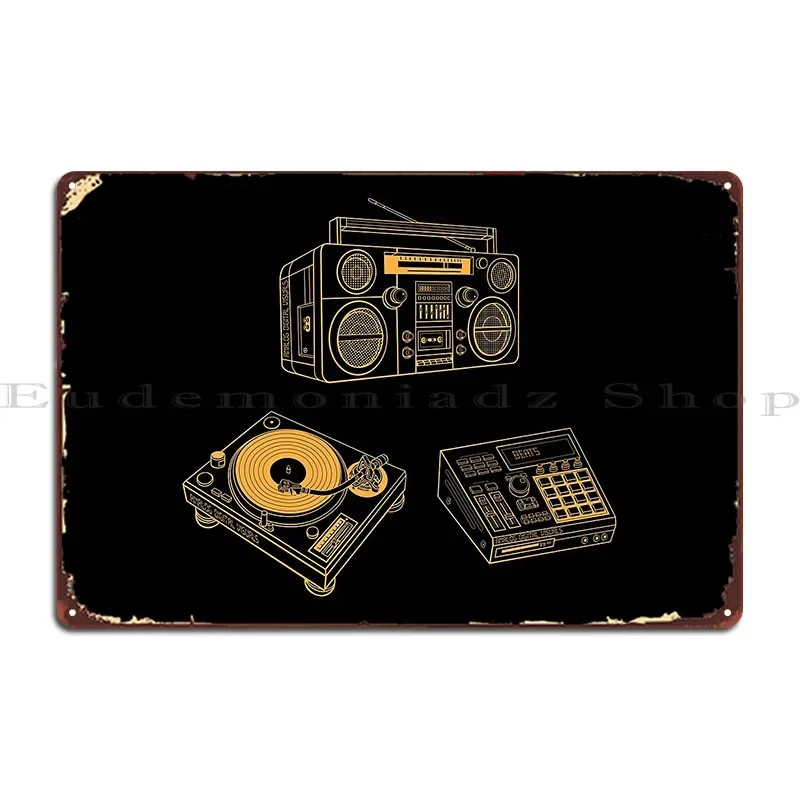 Boombox Beat Maker Turntable Yellow Orange Lines Analog Music Metal Plaque Club Design Create Pub Mural Classic Tin Sign Poster