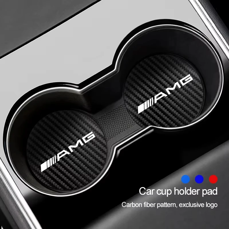 

2 PCS Carbon Fiber Patterned Leather Coasters Car Cup Holders Silent Pads For Mercedes Benz AMG W204 W205 W203 W211 W212 W213