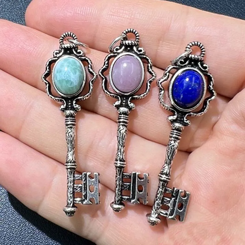 Natural Crystal Stone Key Pendants Charoite Kunzite Lapis Lazuli Antique Silver Color Key Pendant Chain Necklace Women Jewelry