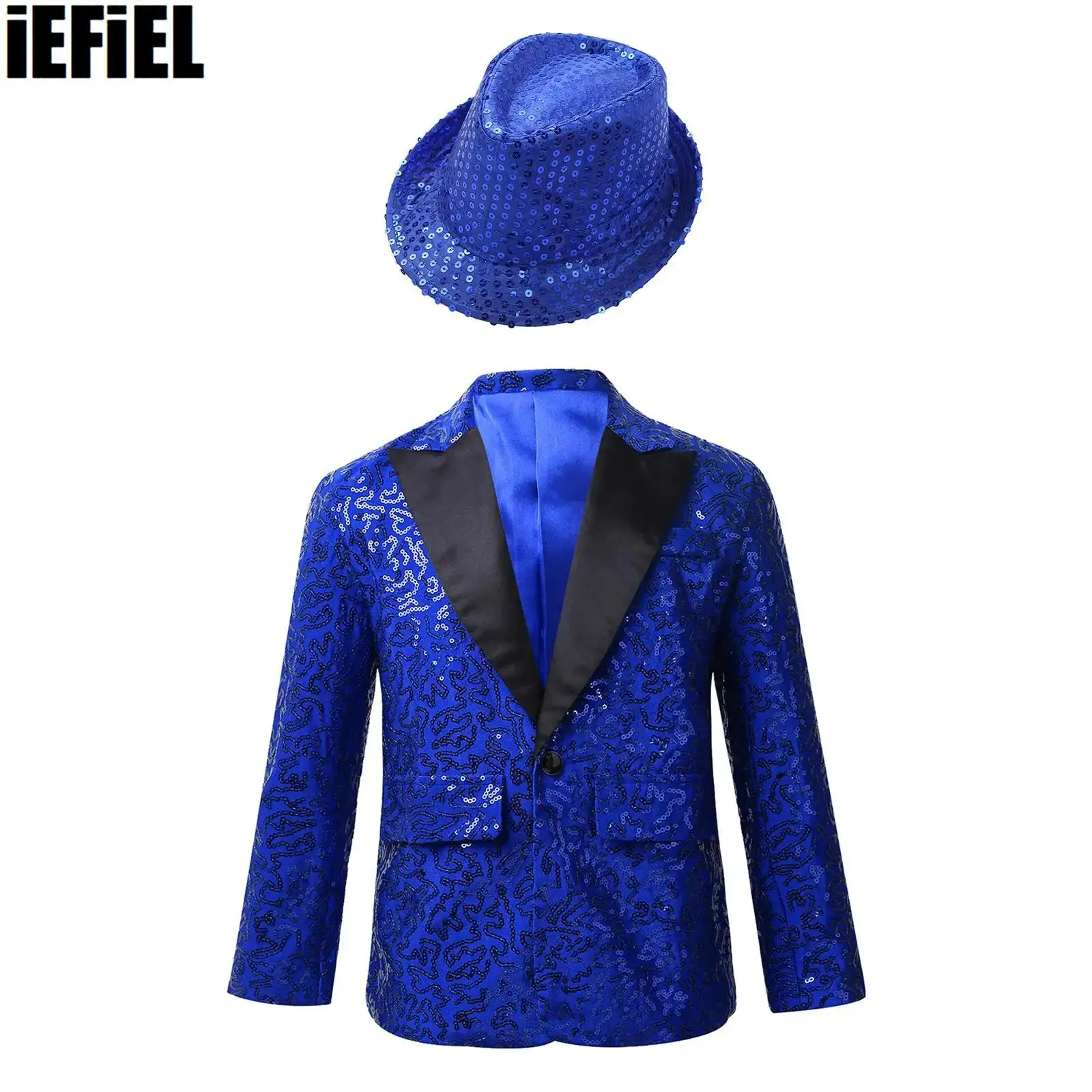 

Kids Boys Shiny Sequins Dance Coat Lapel Single-breasted Tuxedo Suit Jacket with Fedora Hat for Performance Banquet Party