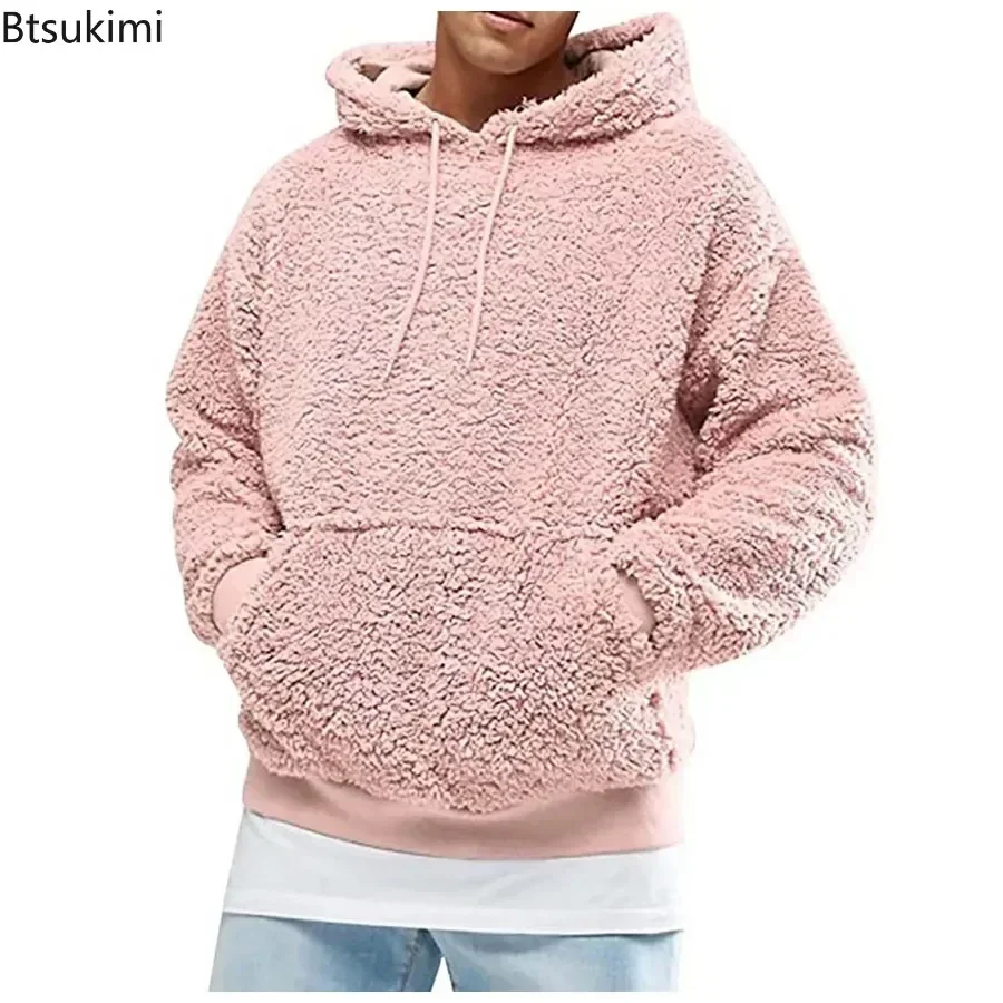 Moletom fofo e grosso masculino, moletom de lã, tops casuais com capuz, casaco monocromático masculino, pulôver, outono, inverno, 2024