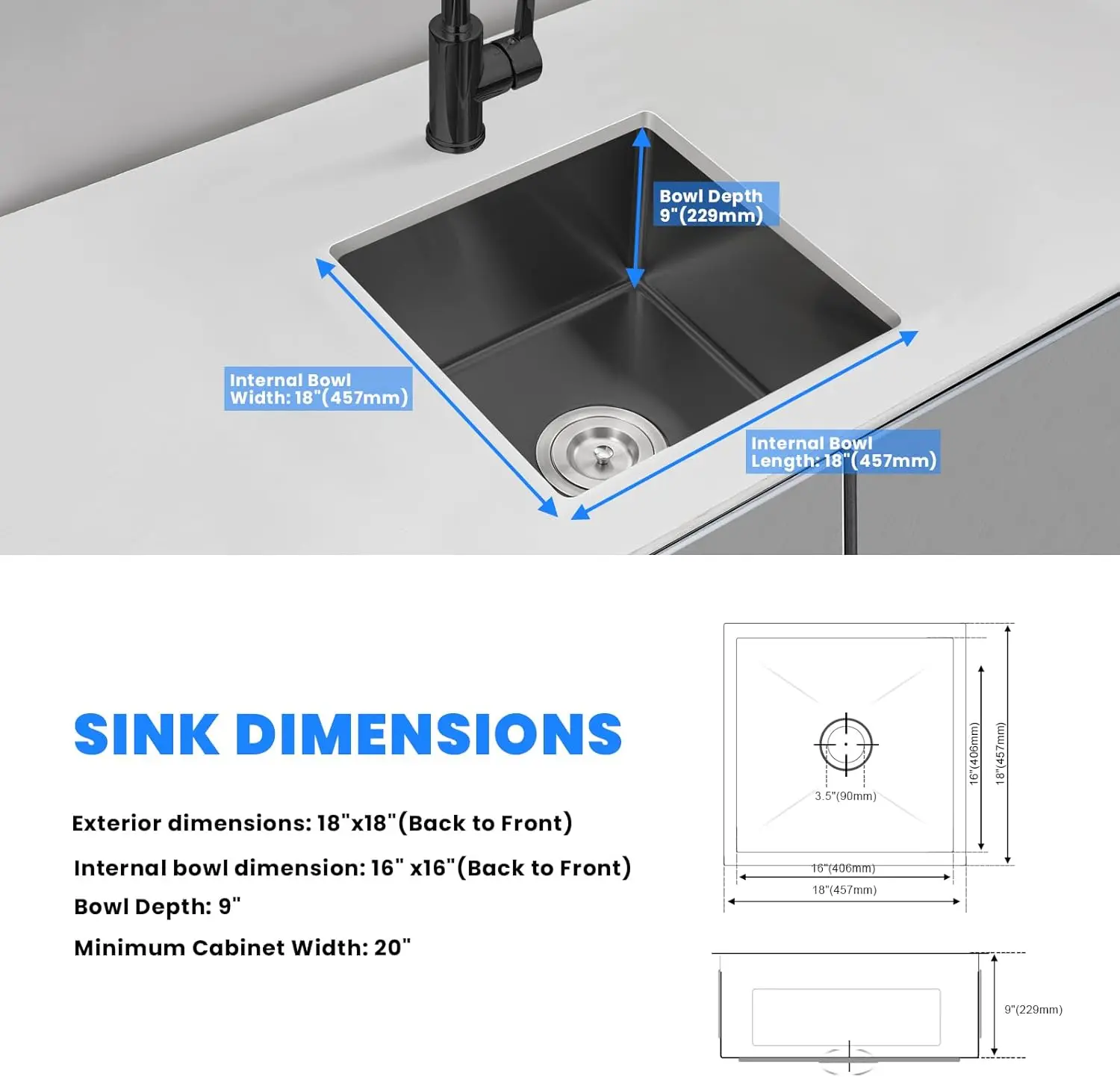 ROVATE 18×18 Inch Undermount Kitchen Sink 304 Stainless Steel Single Bowl Bar or Prep Sink 18 Gauge 9 Inch Deep Small Sink Black