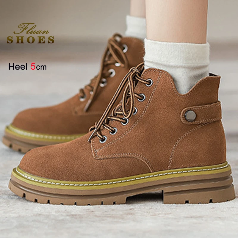 

2025 New Winter Lace Up Women's Ankle Boots Non-slipping Sole Short Boots Platform Frosted Genuine Leather Roman Boots Size 40
