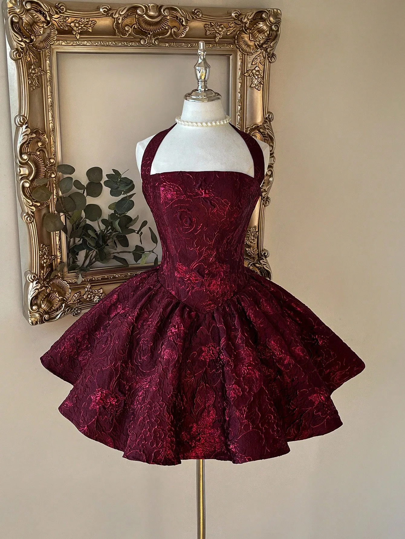 

Burgundy Jacquard Halter Mini Dress with Floral Pattern, Perfect for Prom, Wedding, or Party
