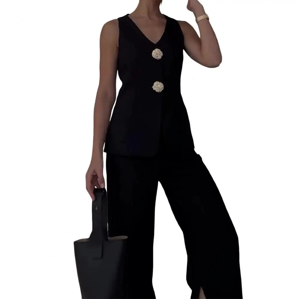 Breathable Fabric Suit Set Sleeveless Cardigan Vest Elegant Women's Business Suit Set with V Neck Vest High Waist Pants for Work