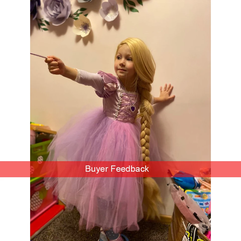 High Quality Girl Rapunzel Wig + Princess Dress Halloween Child Sleeping Beauty Cosplay Sofia Tulle Tutu Ball Gown Kids Clothing