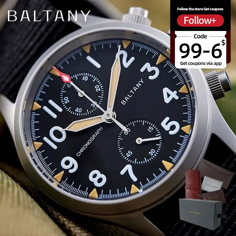 Baltany Quartz Military Chronograph S5033  Stainless Steel 39mm Case Fabric Strap 100M Waterproof VK61 Multifunction Watches