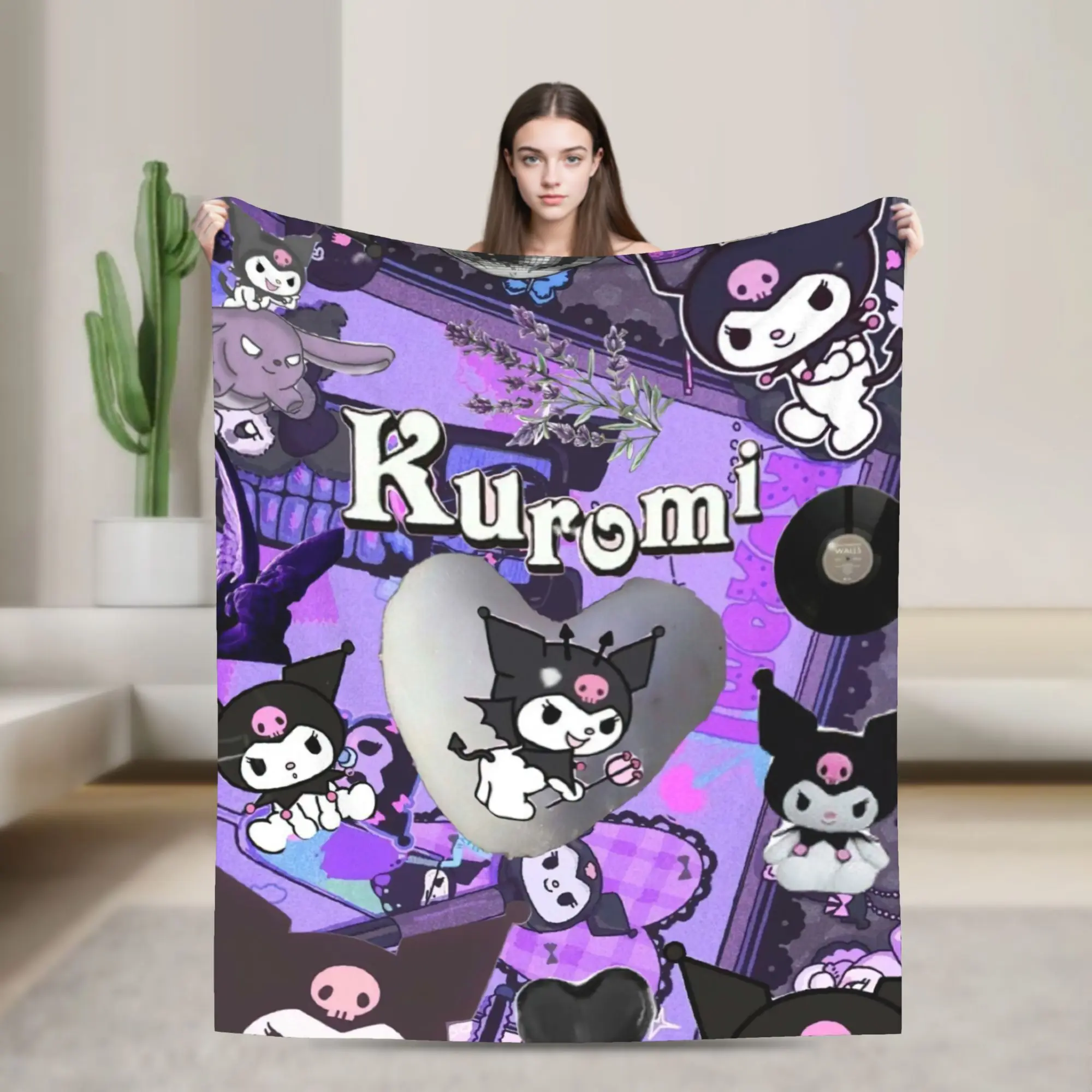 

Флисовые одеяла Kuromi с коллажем, кавайные одеяла с героями мультфильмов для путешествий, легкие постельные принадлежности, пледы