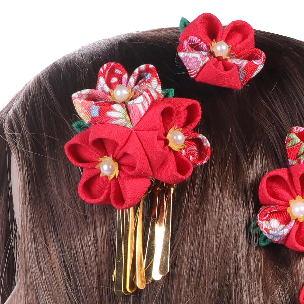 3Pcs Japanese Style Hair Clips Red Cloth Flower Barrettes Stylish Hair Accessories Side Pins for Women Kimono Women Barrette
