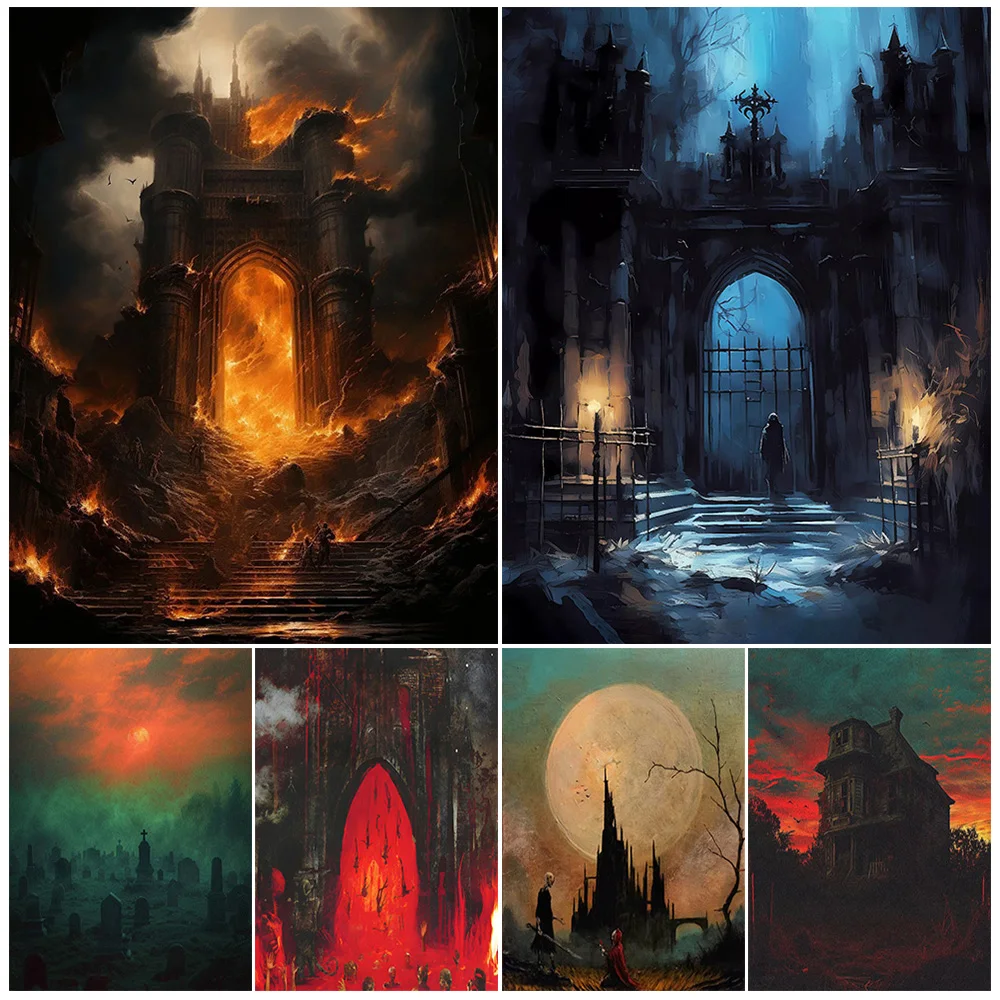 

Dark & Macabre Castle,Gothic Wall Art Canvas Painting, Gates Of Darkness, Abstract Art Poster And Print,Home Decoration Unframed