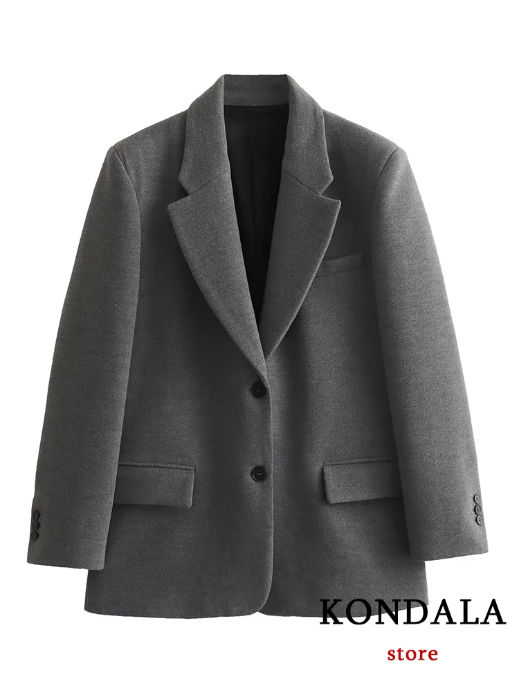 Kondala Oversized Blazer Voor Dames Lange Mouwen V-Hals Zakken Gewatteerd Jasje Modieuze Bovenkleding Voor Kantoordame Donkergrijs 2023