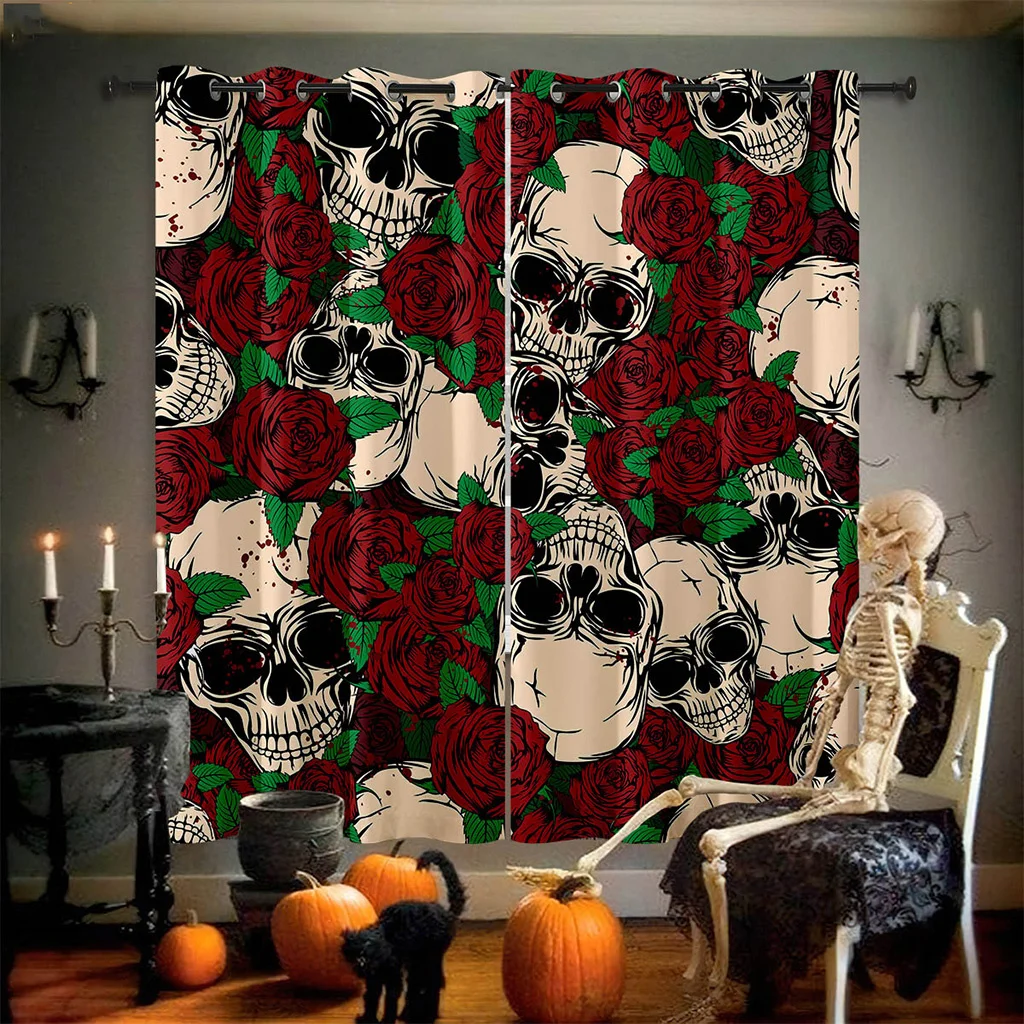 Gothic Skull Rose Curtains Halloween Window Drapes 2 Panels Punk Style Living Room Bedroom Home Decor