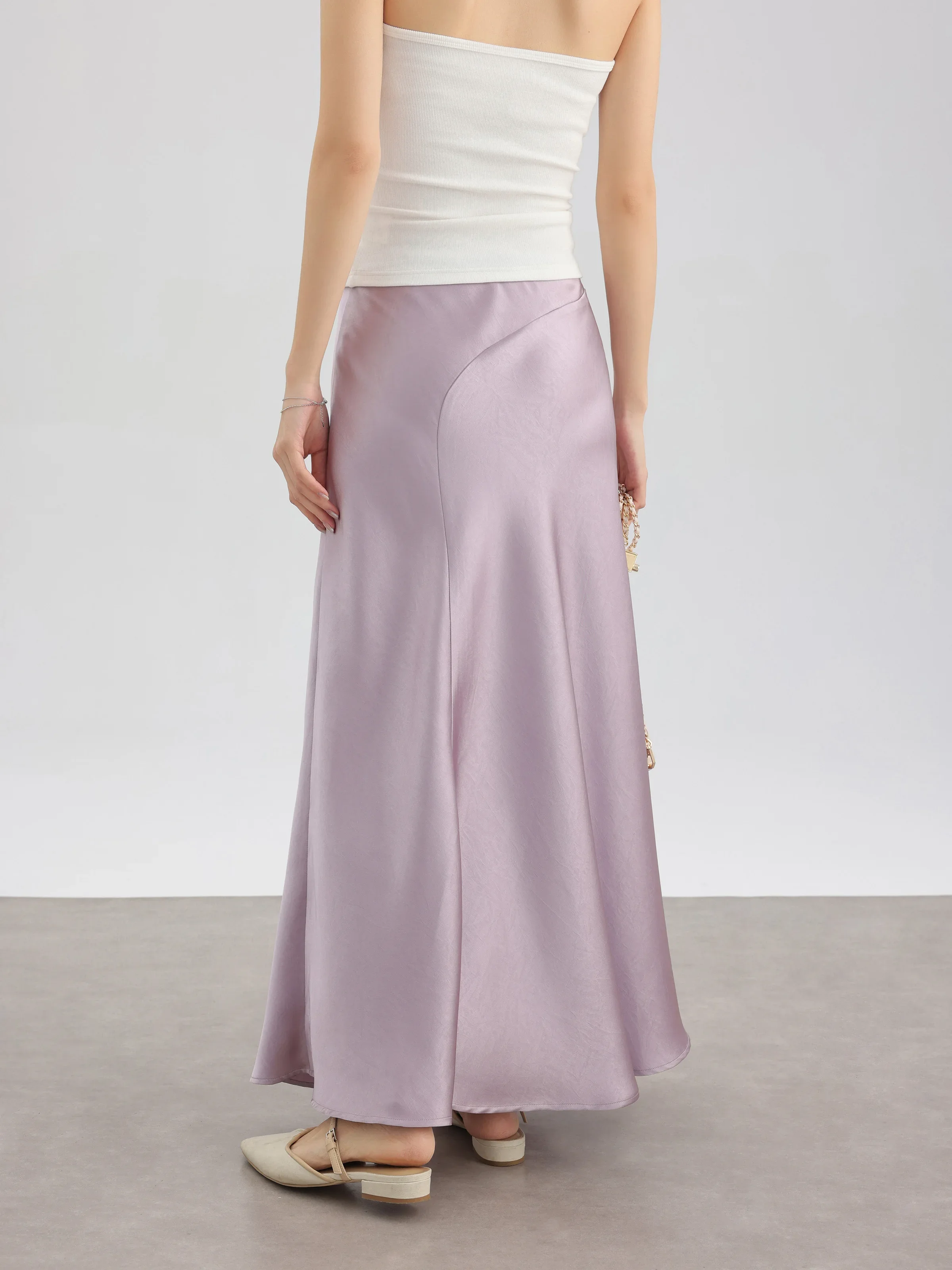 Women High-Waist Satin Mermaid Skirt Elastic Waist Slim Fit Midi Skirt Elegant Flowing Draped Slip Skirt for Spring Outfits