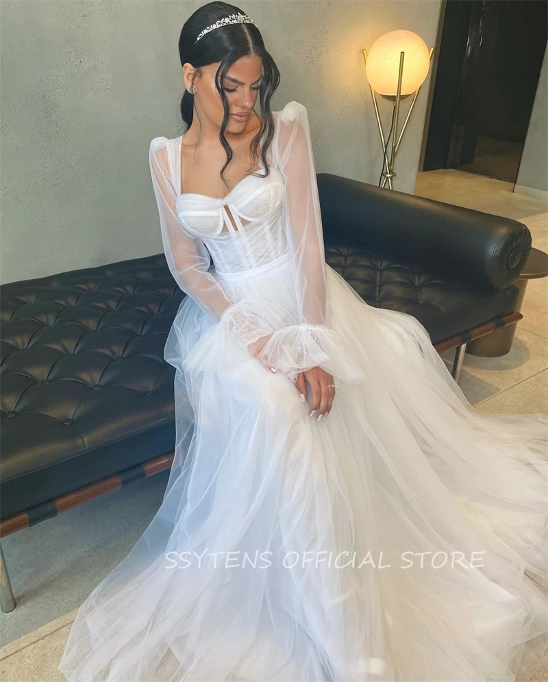 Elegant A Line Wedding Dresses Satin Full Sleeves Bride Robes Floor Length Bridal Gowns Satin Custom Bride Vestidos De Noiva