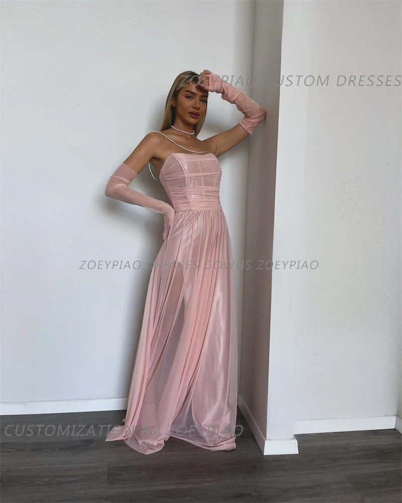 Elegantes rosa Chiffon Abendkleid bodenlangen hohen Beins chlitz vestido festas luxo träger los eine Linie vestido de noche eine Schulter