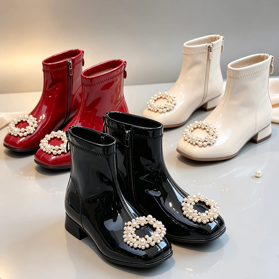 Fashion Short Girls Patent Leather Ankle Boots Square Toe High Heels Booties for Wedding Party Birthday Holiday Formal Events