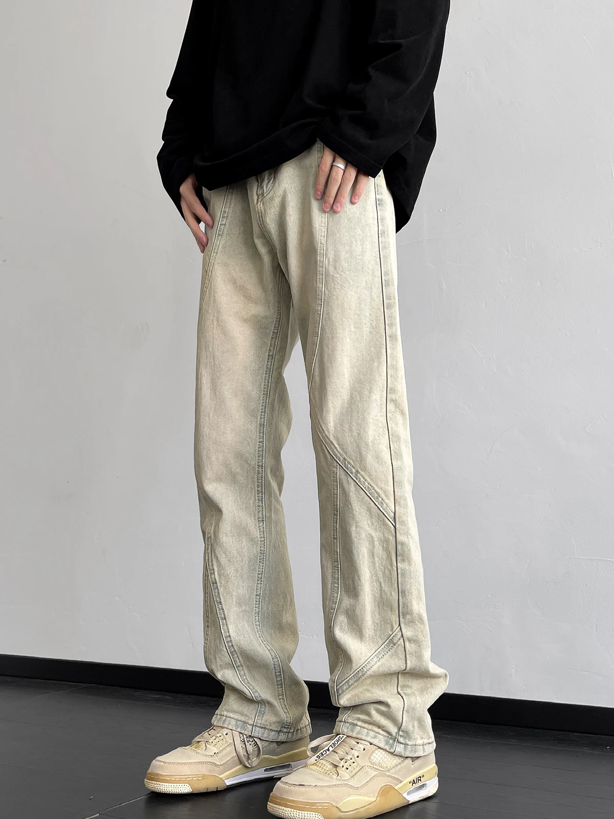 

Винтажные мужские джинсы прямого кроя цвета желтого грязи, модные, в стиле High Street, повседневные, свободного кроя, для подростков