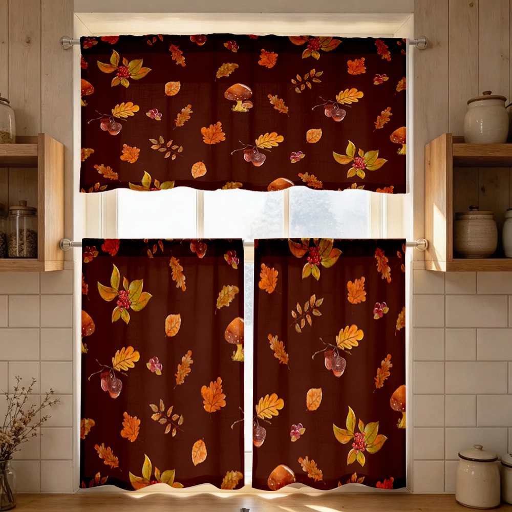 Fall Kitchen Curtains, Autumn Mushroom Berry Leaf, Digital Print, Kitchen Dining Room, Rod Pocket Polyester, Home Decor