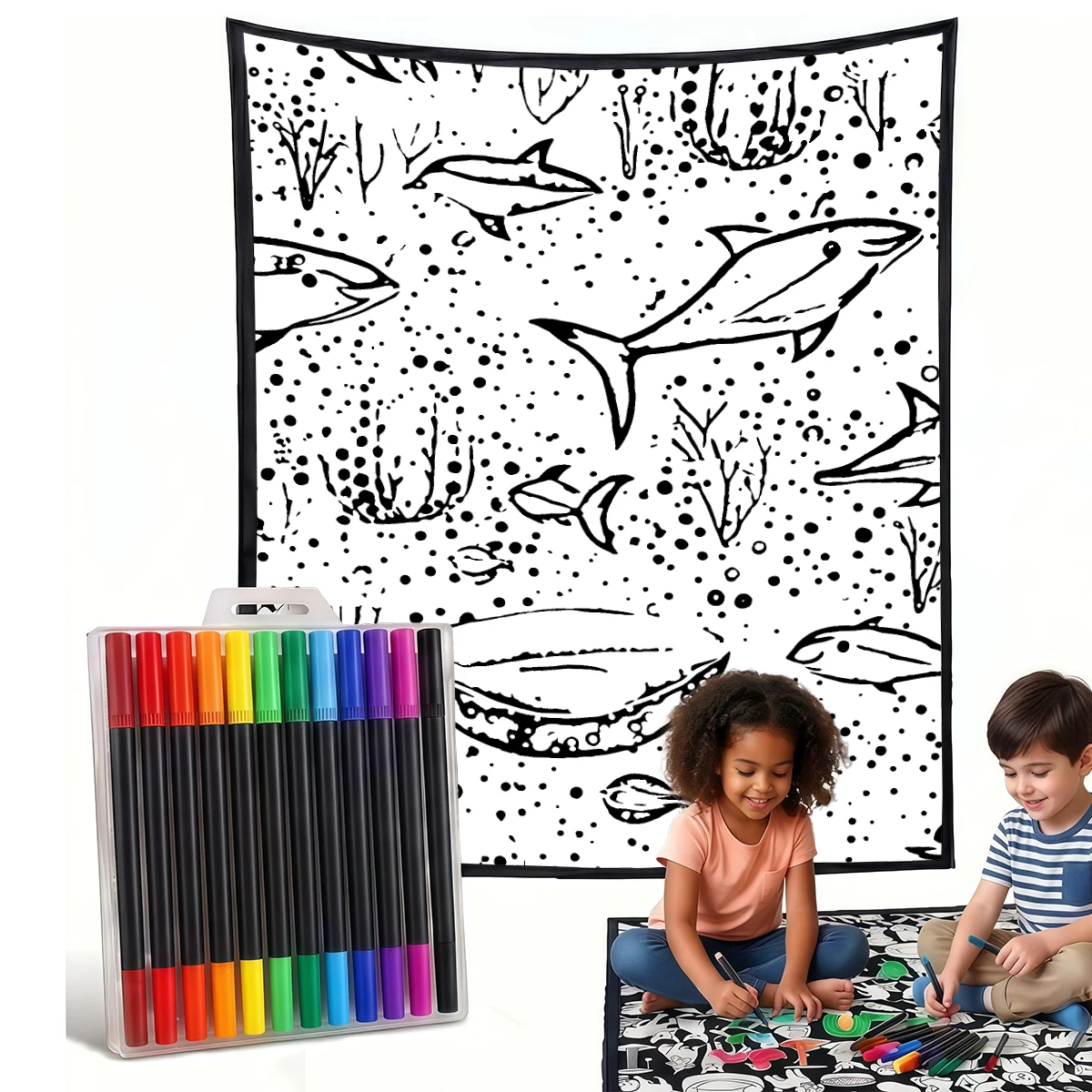 Home Textiles Usa - Dolphins Dots Watercolor DIY Cozy Coloring
