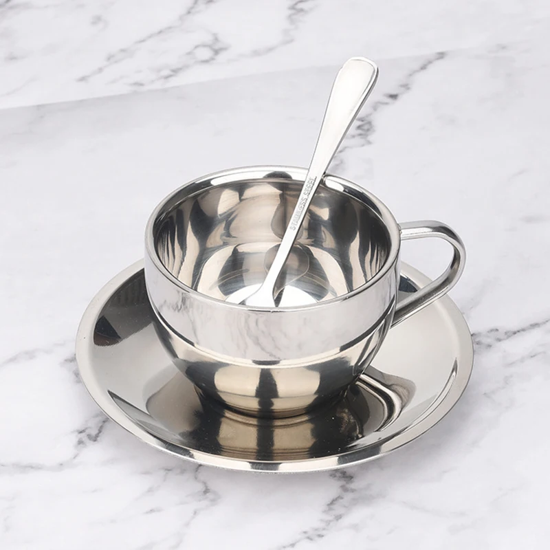 Coffee Cups Set Double-deck Thermal Insulation Coffee Mug Tea Cups Set Milk Mug with Saucer Mat Spoon Stainless Steel Metal CIQ